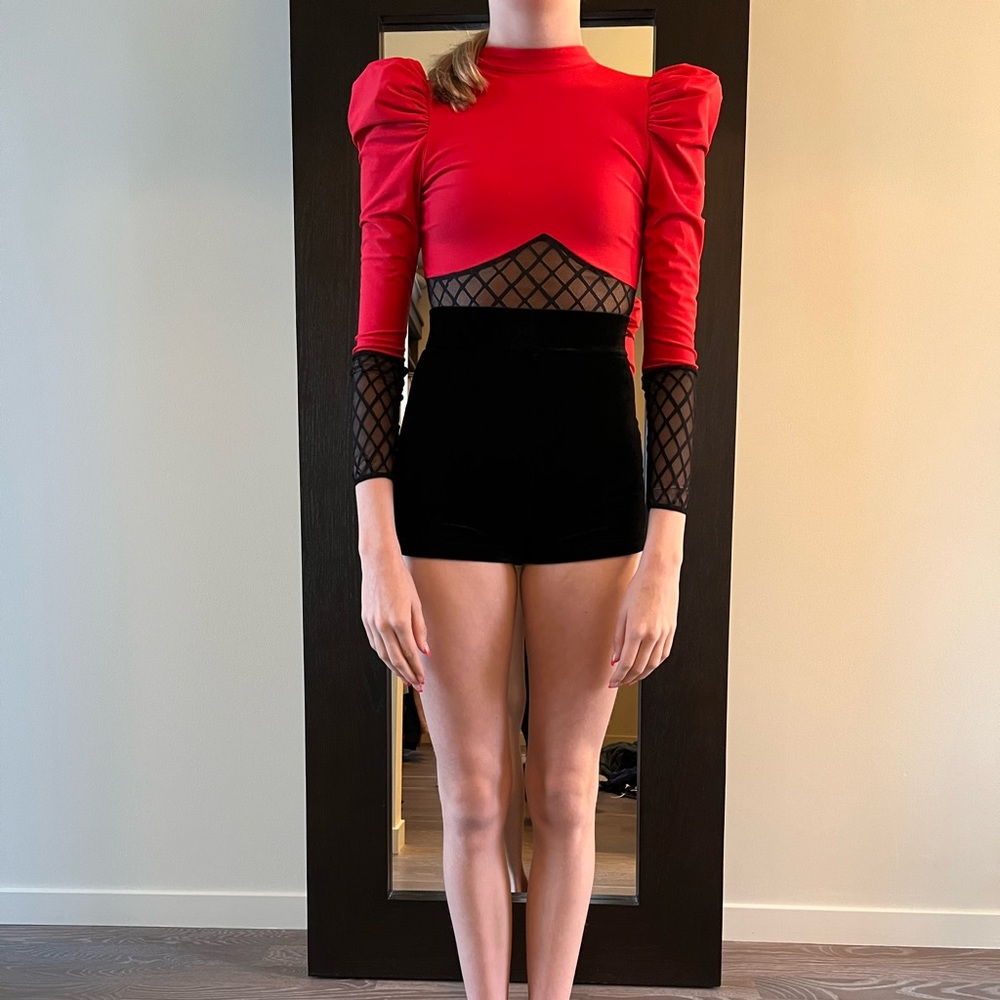 Revolution one piece dance costume with velvet shorts and puffy shoulders in LC.